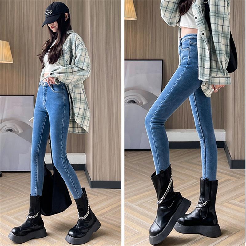 Autumn Winter Fashion Women Vintage Harajuku Jeans Fleece High Waist Casual Thicken Warm Elasticity Slim Skinny Jeans Streetwear
