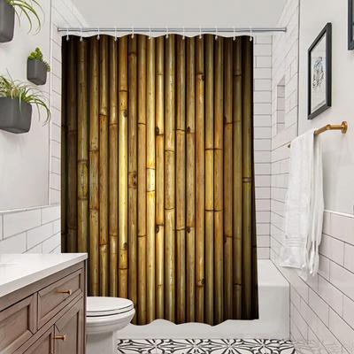Bambusová Dekorace Sprchový Závěs Retro Design Rostlinný Potisk Pratelný Koupelnový Závěs Set Hnědá Opálená Béžová Koupelnové Doplňky S Háčkem