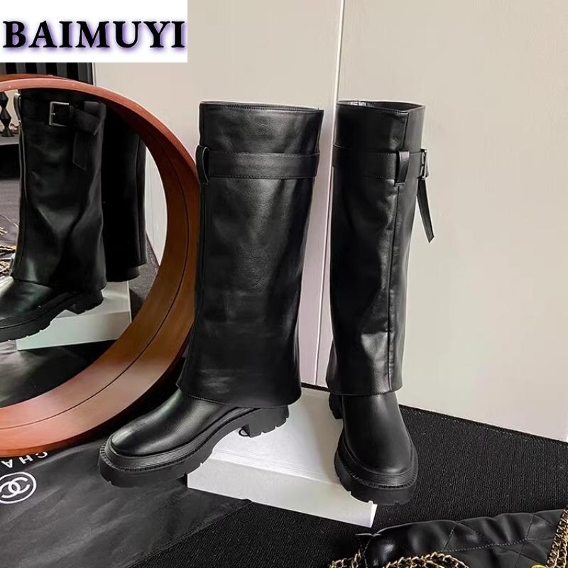 Trend Knee High Boots Chunky Women Shoes Winter 2025 New Leather Cozy Chelsea Boots Punk Gladiator Fashion Goth Snow Botas Mujer