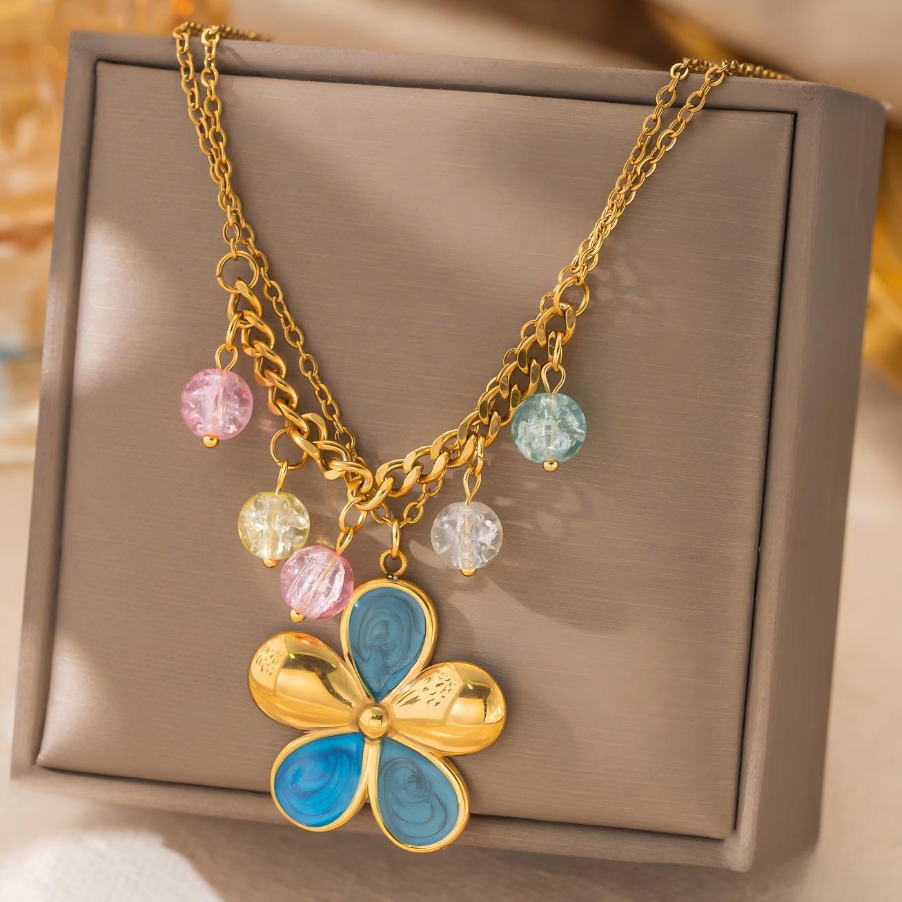 18K Gold Plated Stainless Steel Necklace with Blue Flower and Colorful Bead Pendant for Women 18K золотой