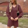 2026 Autumn/Winter V-neck Puff Sleeve Knit Sweater Dress - Women's Casual Solid Color Style