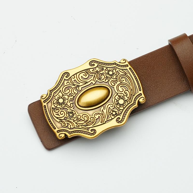 Retro Women's Cowhide Belt Punched with Brown Black Trousers Belt Genuine Leather Smooth Plate Buckle