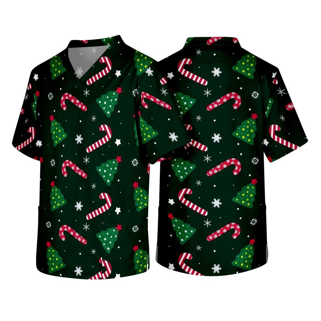 Men's Christmas Theme Caregiver Uniform, Holiday Scrub Top for Nurses and Workers
