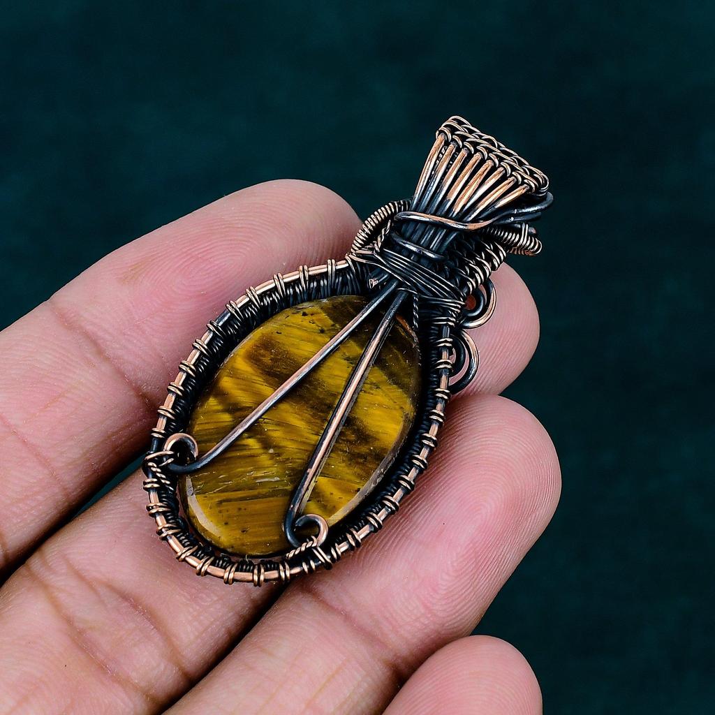 Tiger's eye pendant copper wire wearing pendant handmade antique jewelry real gemstone jewelry chain pendant designer jewelry gift for wife