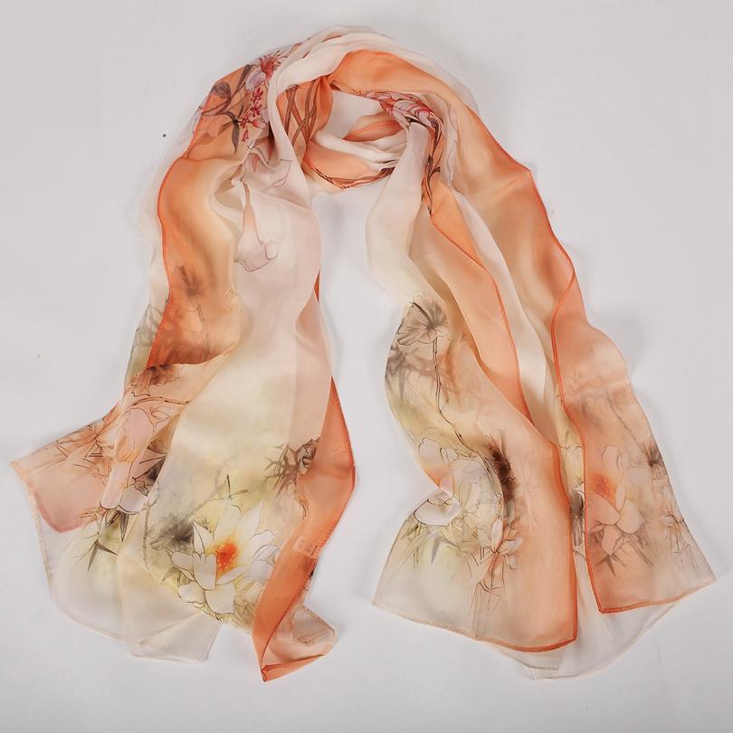 [BYSIFA] Female Spring White Chiffon Silk Scarves New Floral Design Long 100% Silk Scarf Shawl Autumn Winter Women Neck Scarf