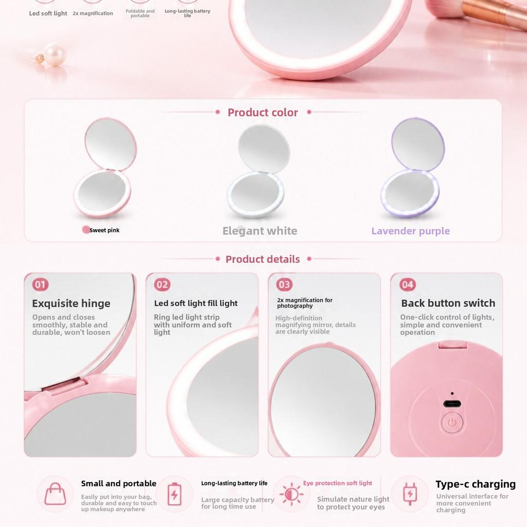 LED Foldable Makeup Mirror 2X Magnification USB Type-C Rechargeable Compact Mirror with Light Portable Travel Cosmetic Mirror for Women