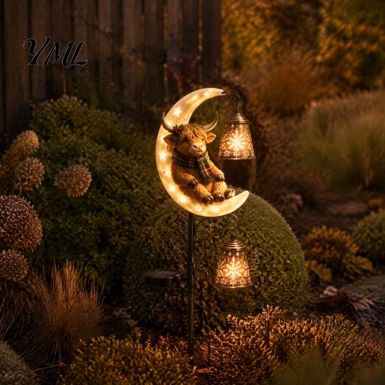 Solar Powered Porch Lighting Highland Cow Moon Garden Light, Christmas Metal Decorative Crescent Lawn Lamps Stake Outdoor Yard Path Decoration