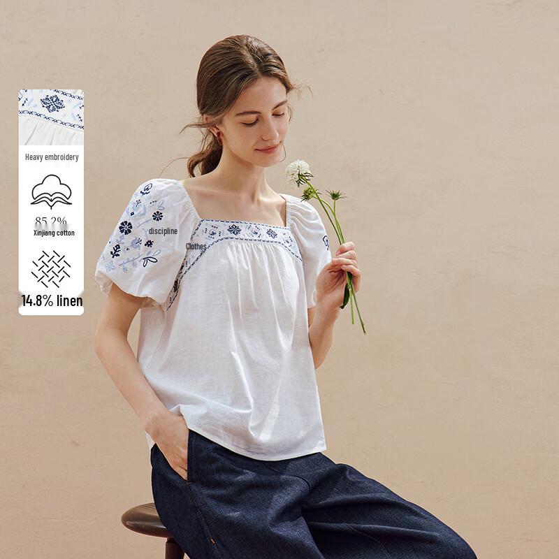 INMAN Women s Vintage Embroidered Linen Cotton Square Neck Blouse S