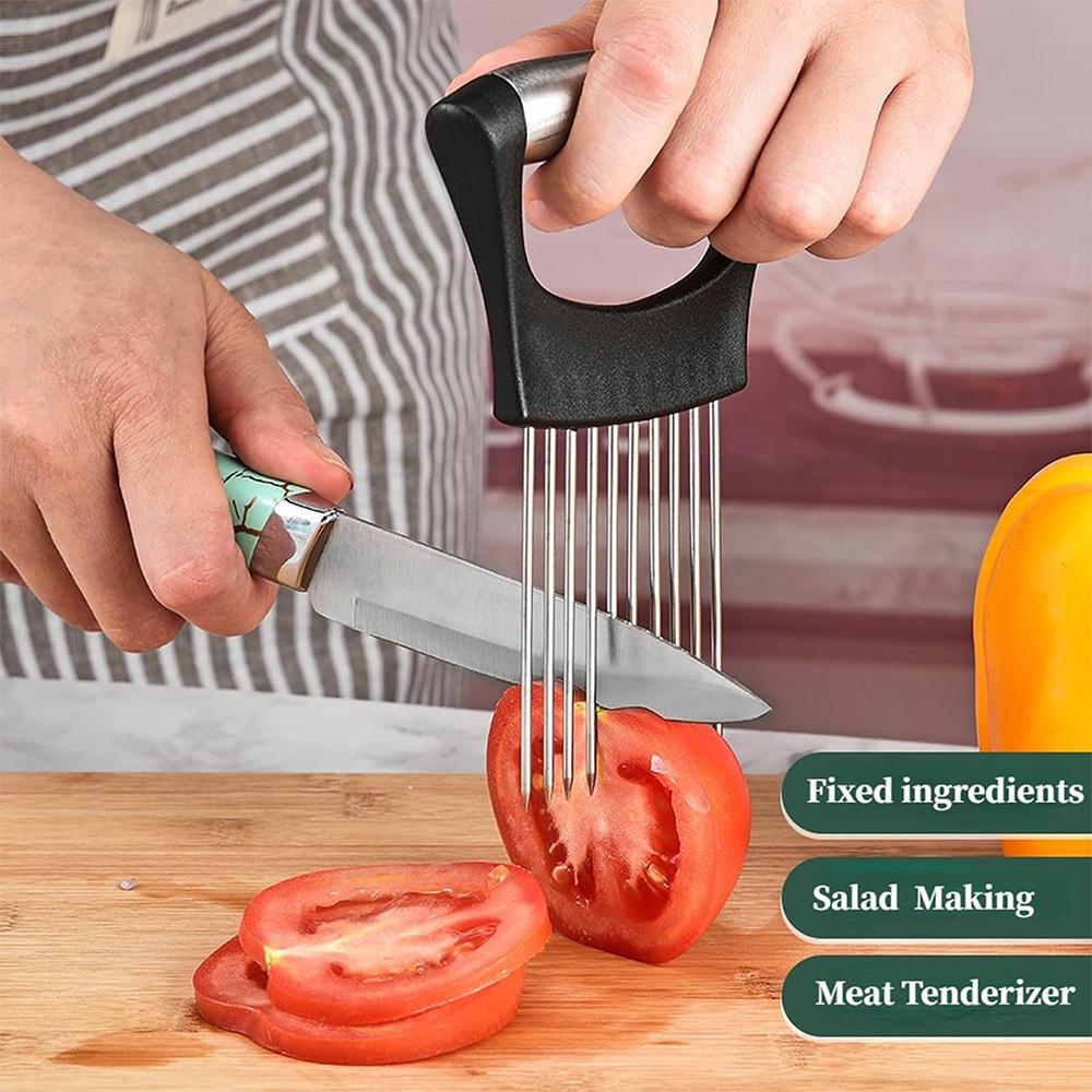 LMETJMA Nerezový držák na cibuli Prémiový držák na krájení cibule Rajčata Brambory Citron Kráječ cibule Kráječ cibule na krájení JT328