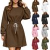 Women's Casual Long Sleeve Round Neck Dress with Elastic Waist for Daily Wear