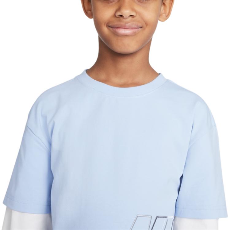 Nike Kids Logo Patchwork Fake Two-Piece Round Neck Long Sleeve T-Shirt Kids Tops Light-Blue FN9194-479