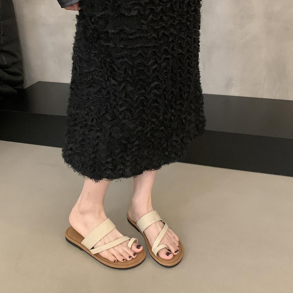 Flat-bottomed linen slippers women's shoes outer wear 2025 new summer jacket toe sandals holiday beach seaside sandals