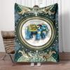 Cozy Throw Blanket Ornate Teal Elephant Blue Elephant Gold Blanket Tusks Circular Marble Frame Baroque Scrollwork Dark Green Luxury Art Decor Gift