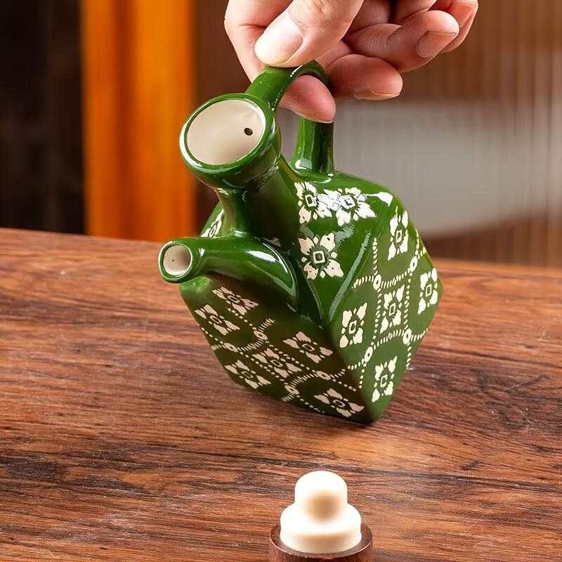 1pc Ceramic Oil Dispenser with Wooden Lid and Handle,Blue and White Porcelain Design,BPA-Free,Freezer Safe, Square Shape for Kitchen Seasoning Storage