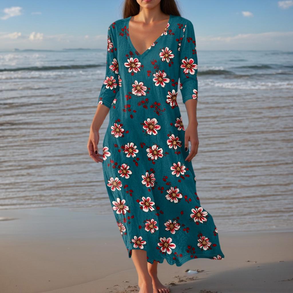 Women's Vintage Print Tunic Waisted Midi Dress Summer Casual 3/4 Sleeve Dress Dress