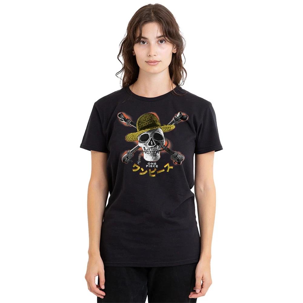 One Piece (Netflix) Straw Hat Jolly Roger Ladies T Shirt S-2XL,Black S