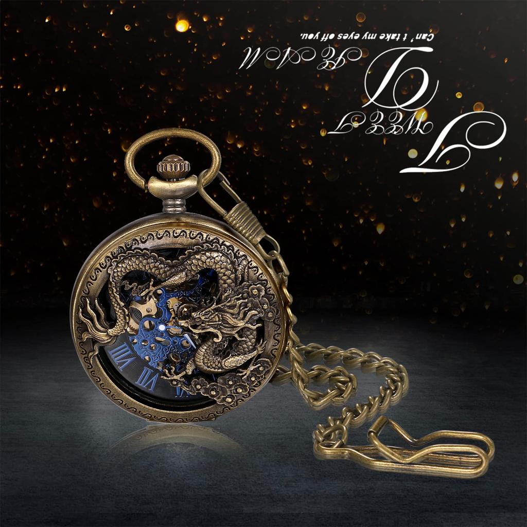 Pocket Watch Automatic Winding Mechanical Dragon Roman Alphabet Analog Display Skeleton Waterproof Retro Antique Pendant Watch Pocket Watch with Chain