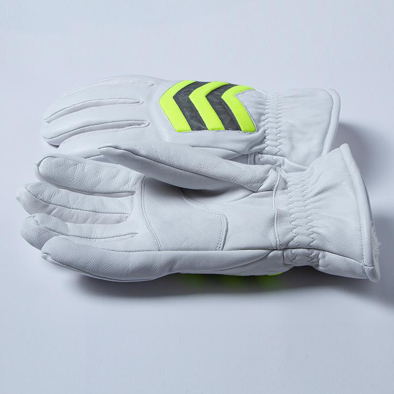 Night Cycling Traffic Command Fluorescent Reflective Plus Velvet Thickened Security Guard Duty White Bend Finger Goat Leather Genuine Gloves