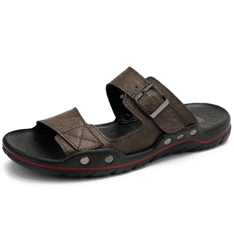 

Мода 2025 Новые мужские повседневные кожаные шлепанцы Летние уличные плоские дизайнерские пляжные шлепанцы Дышащие Противоскользящие Мягкая подошва Обувь для ходьбы 49 хаки