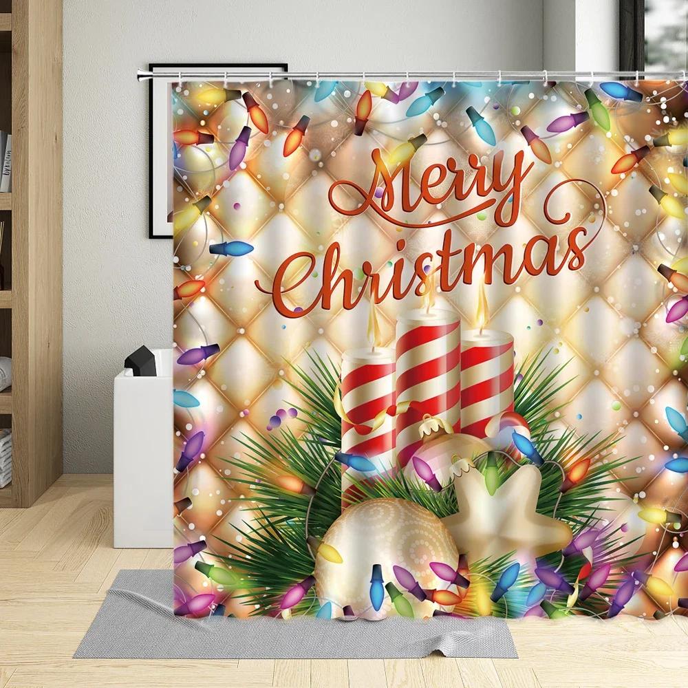 Christmas Shower Curtain Bathroom Decor White Blue Ball Snowflake New Year Wall Cloth Polyester Winter Holiday Curtains Hook Set