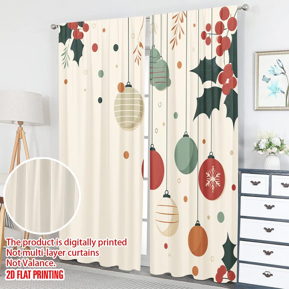 2pcs 2D Flat Printing Merry Christmas Curtains Christmas Ornament Holly Festive Digital Printed Polyester Drapes Birthday Party