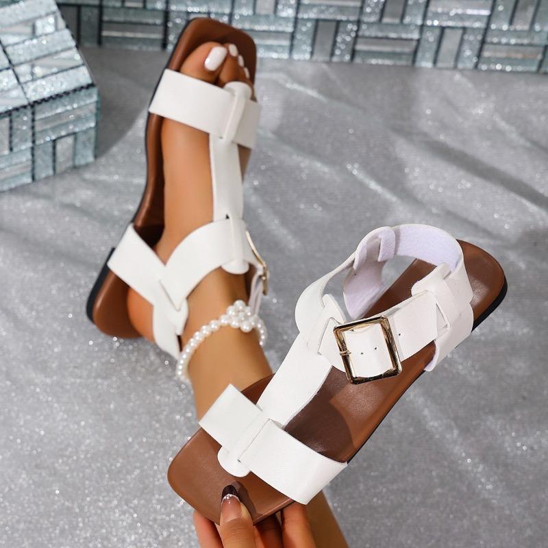 

New belt buckle flat bottom hollow sandals women s style wear solid color beach sandals 43 белый