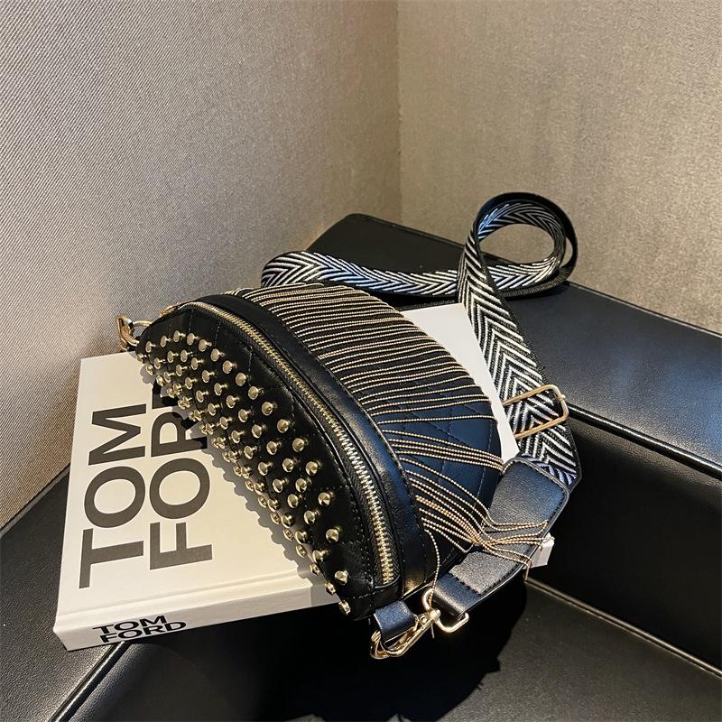 Tassel Bag, Fashionable Metal Stud Crossbody Bag, Wide Shoulder Strap, Single Shoulder Sling Bag
