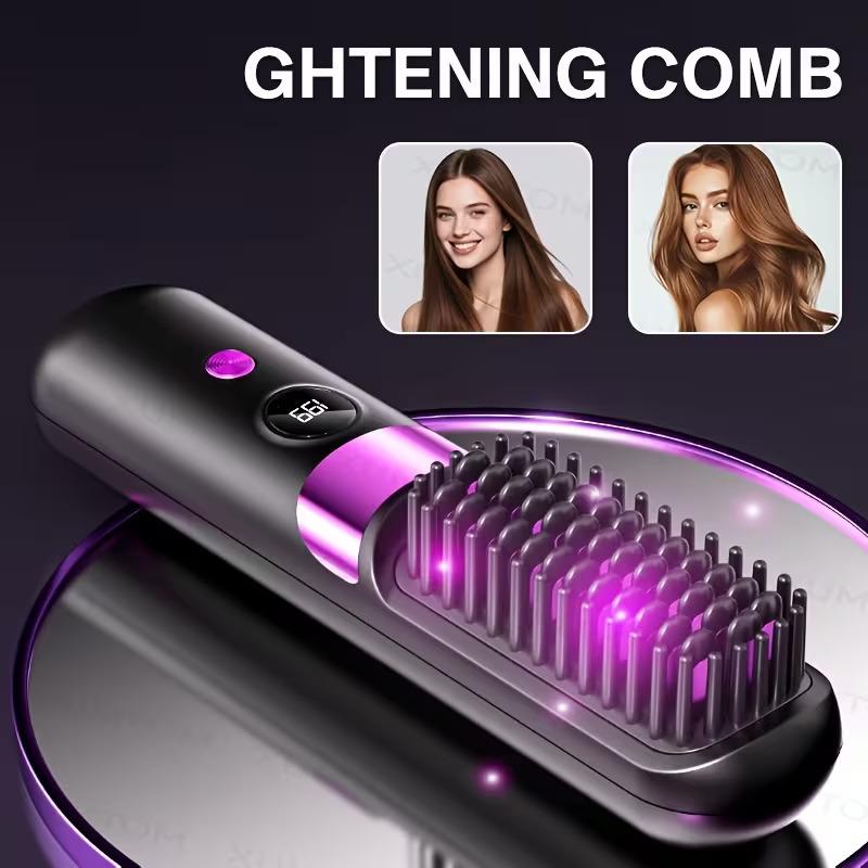 Wireless 2-in-1 Straightening Curling Comb Anti-Scald LED Display USB Rechargeable Portable for Home Travel All Hair Types