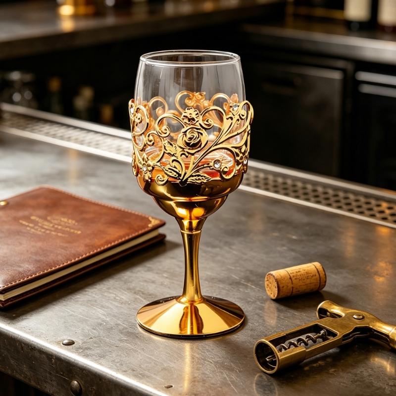 Handcrafted Iron Frame Glass Whiskeys Cup Ornamental Wine Goblet With Sturdy Metal Base For Dining Table