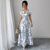 Women's White V-Neck Wrap Maxi Dress with Red Leaf Print and Ruffle Hem