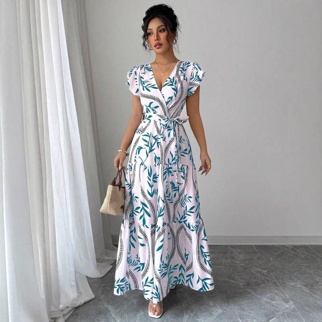 Women's White V-Neck Wrap Maxi Dress with Red Leaf Print and Ruffle Hem