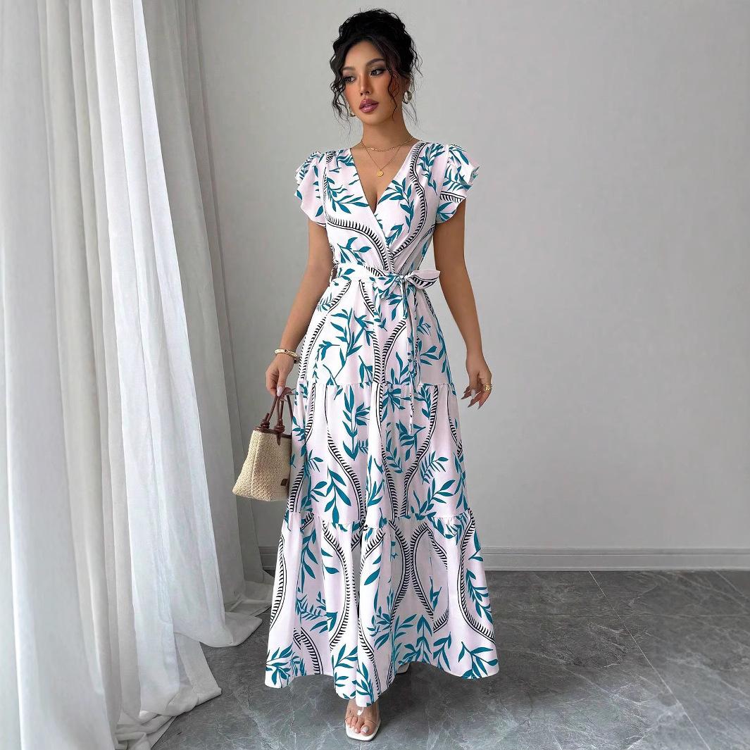 

Women Print V Neck Butterfly Sleeve High Waist Lace-up Pleated Dress Elegant Fashion Holiday Beach Party Long Vestidos XS зелений