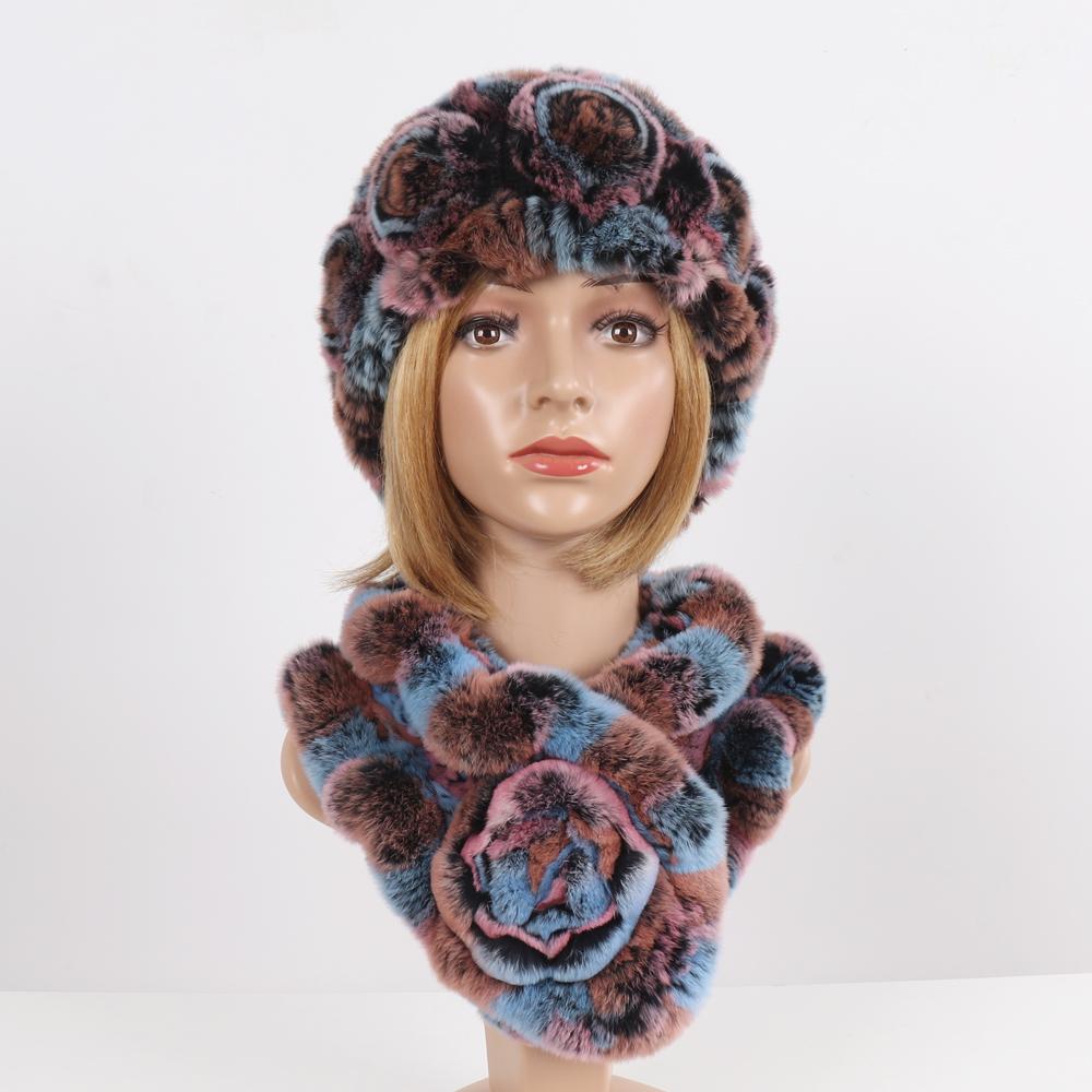 Нові Жіночі Зимові Хутряні Шапки Шарфи Набори Натуральні Теплі Справжні Шапки з Хутра Кролика Рекс Шарфи Леді В'язані Шапки з Натурального Хутра Шарф