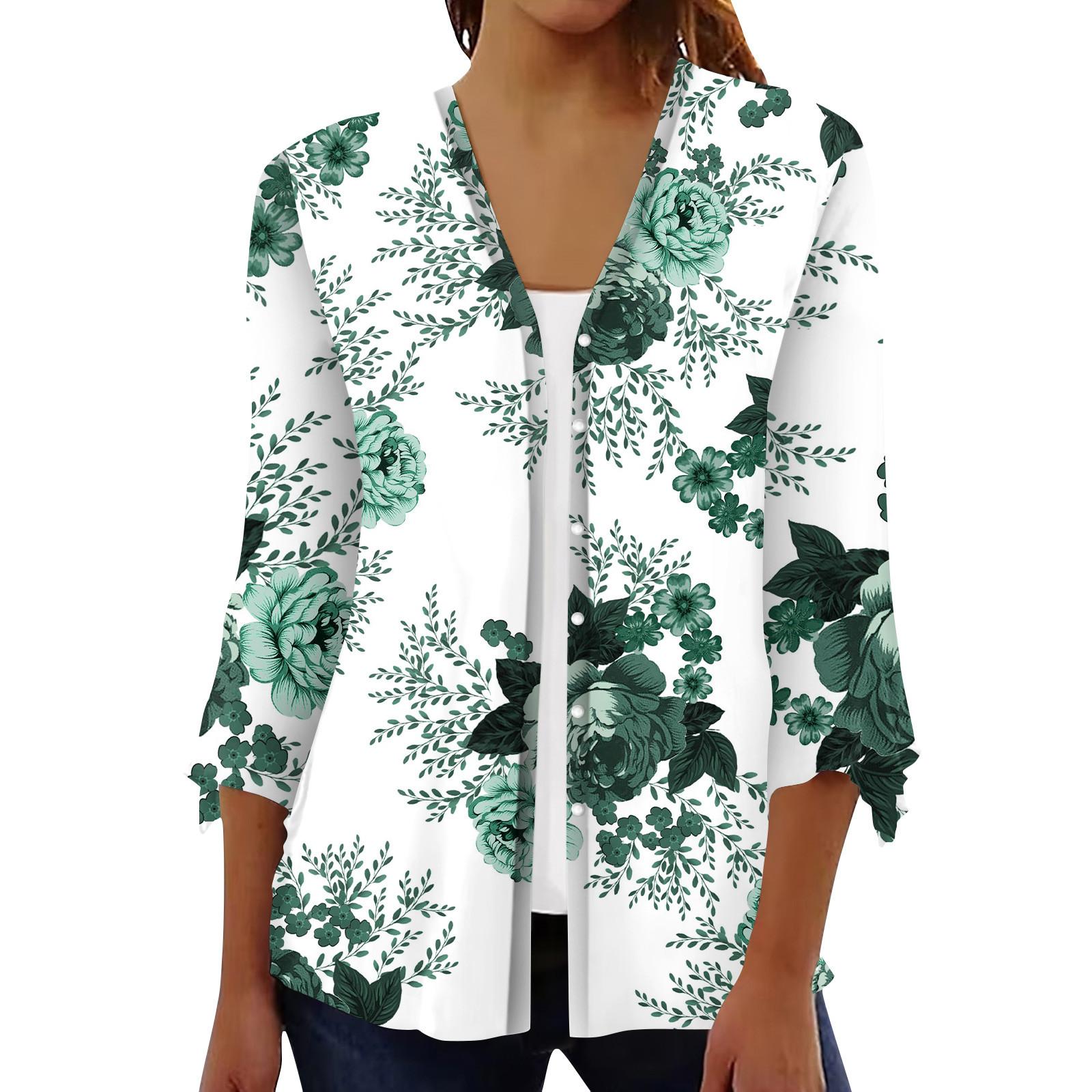 

Кардиган с открытым передом и рукавами 3/4 для женщин, кардиган на пуговицах в стиле ретро с цветочным принтом для платья, женские топы с v-образным вырезом, накидка M зелёный