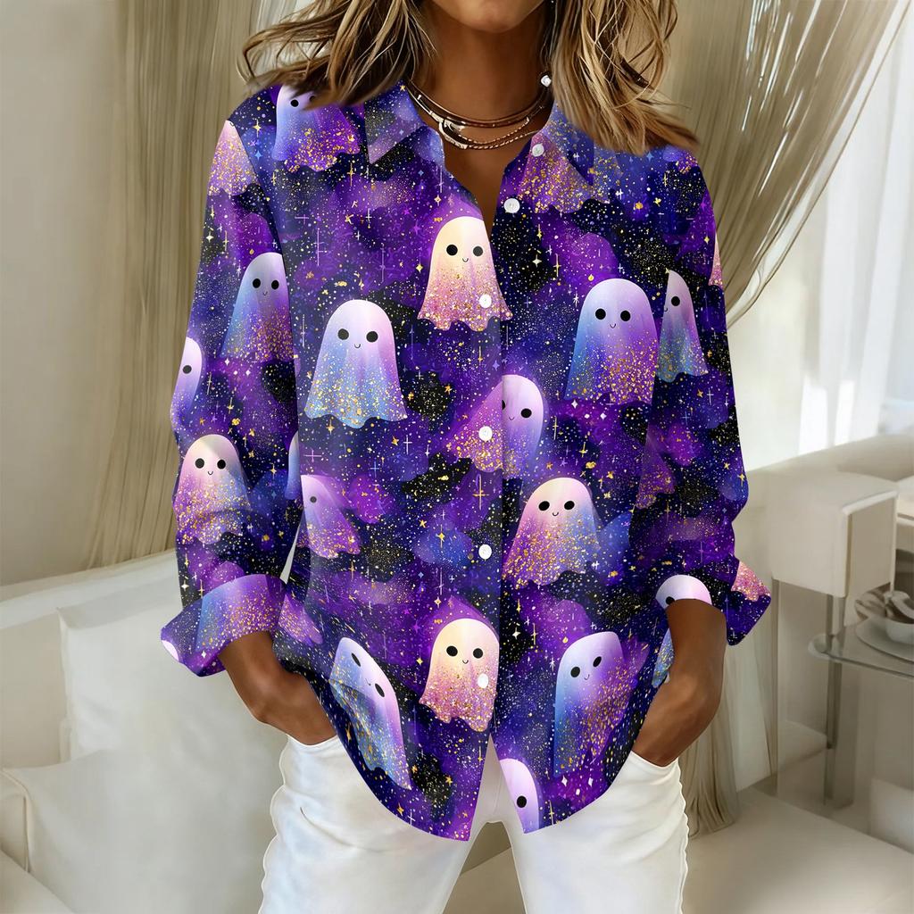 Women's Button Down Shirt Long Sleeve Casual Regular Fit Shirt with Halloween Print Collar Top for Everyday Wear