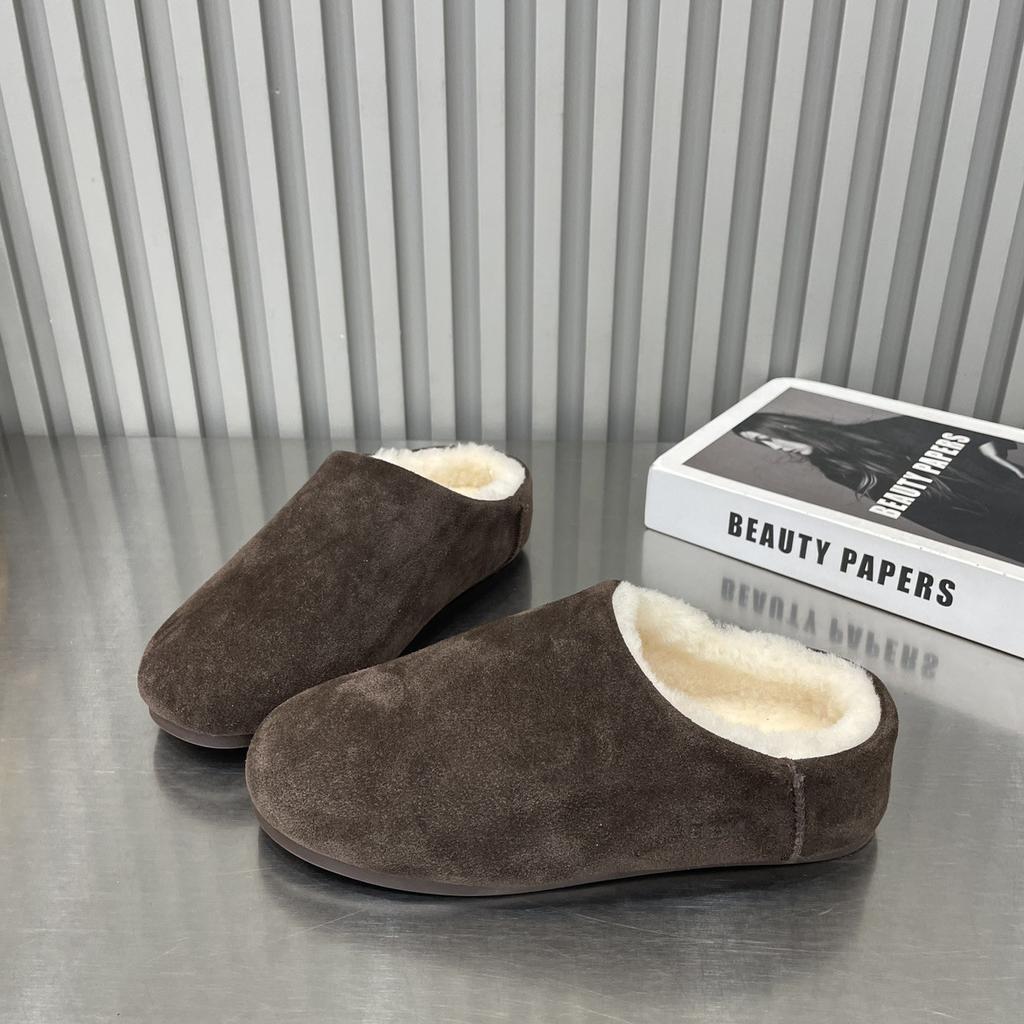 Cowhide Version of Minimalist Round Head Lazy Thick Bottom Hairy Half Drag Women Warm Casual Versatile One Pedal Bag Head Hairy Shoes
