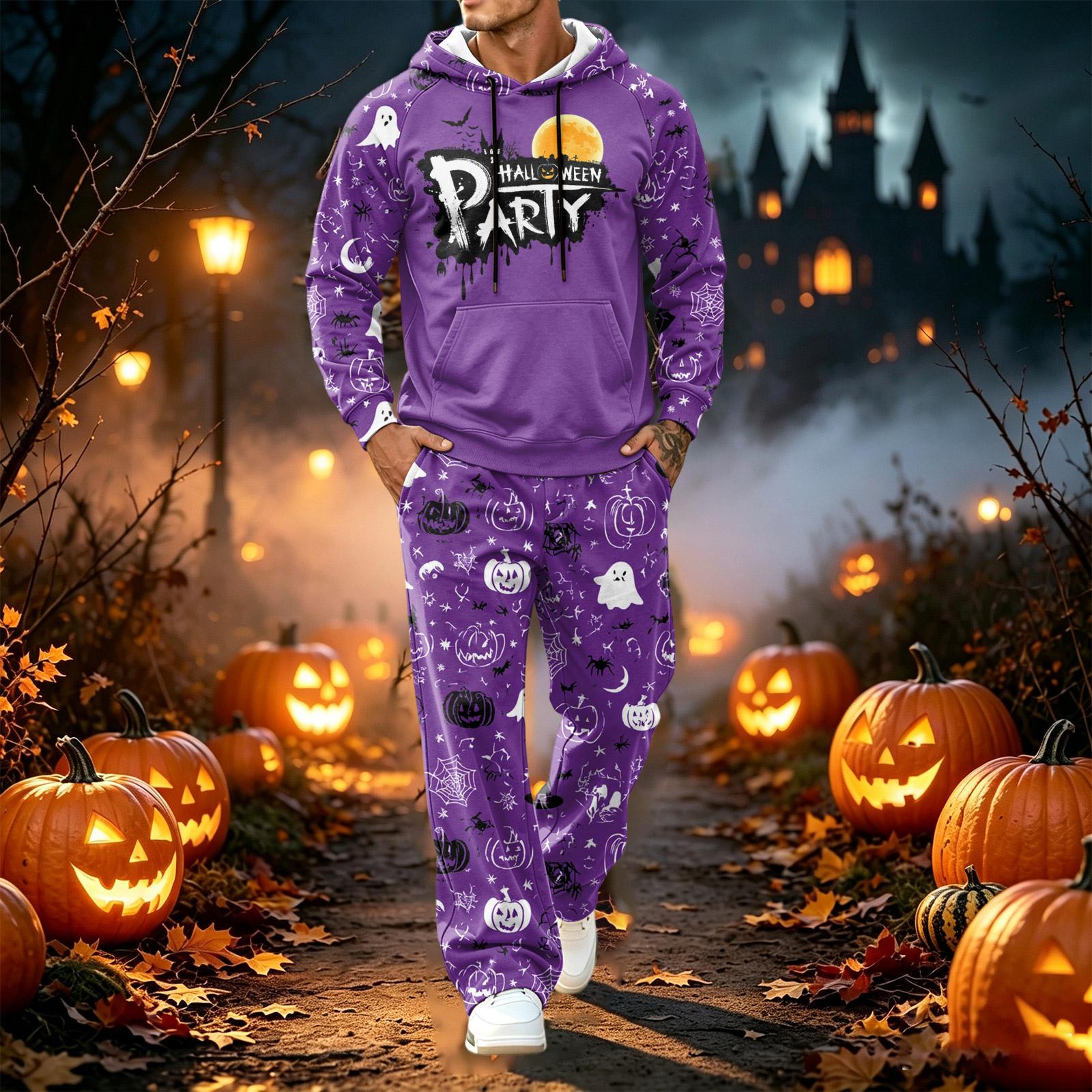 Men s Halloween Print Long Sleeve Hoodie and Jogger Pants 2-Piece Set XL