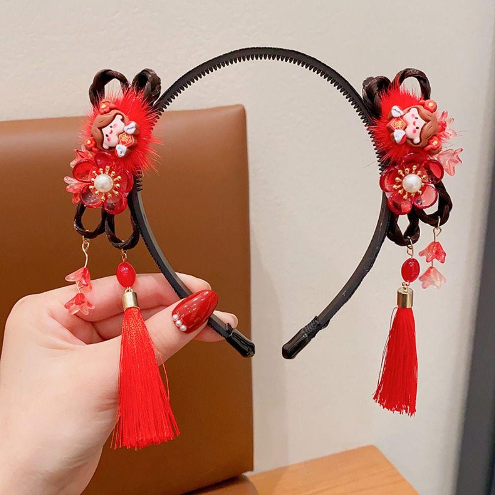 Red Flower Tassel Headband Pearl New Year Headwear Cute Hanfu Wig Headband  Children