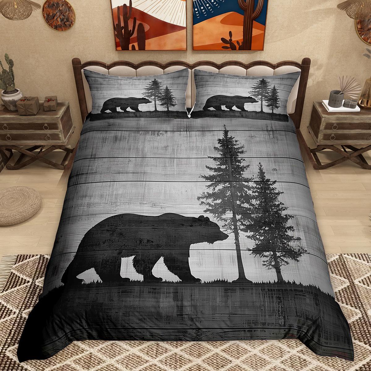 Homewish Deer Bear Silhouette Duvet Cover Set Rustic Farmhouse Bed Set Woodland Jungle Wildlife Quilt Cover Set EU Single(135*200cm)3pcs