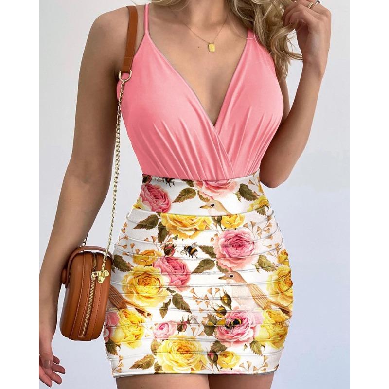 JPNTKY Women s Fashion Casual Sleeveless V Neck Skirt Set S