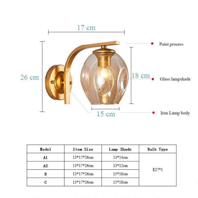 Color Modern Sconce Wall Lamp Glass Lampshade Loft Decorative Indoor Corridor Led Wall Lights Fixtures E27 Black Gold Blue
