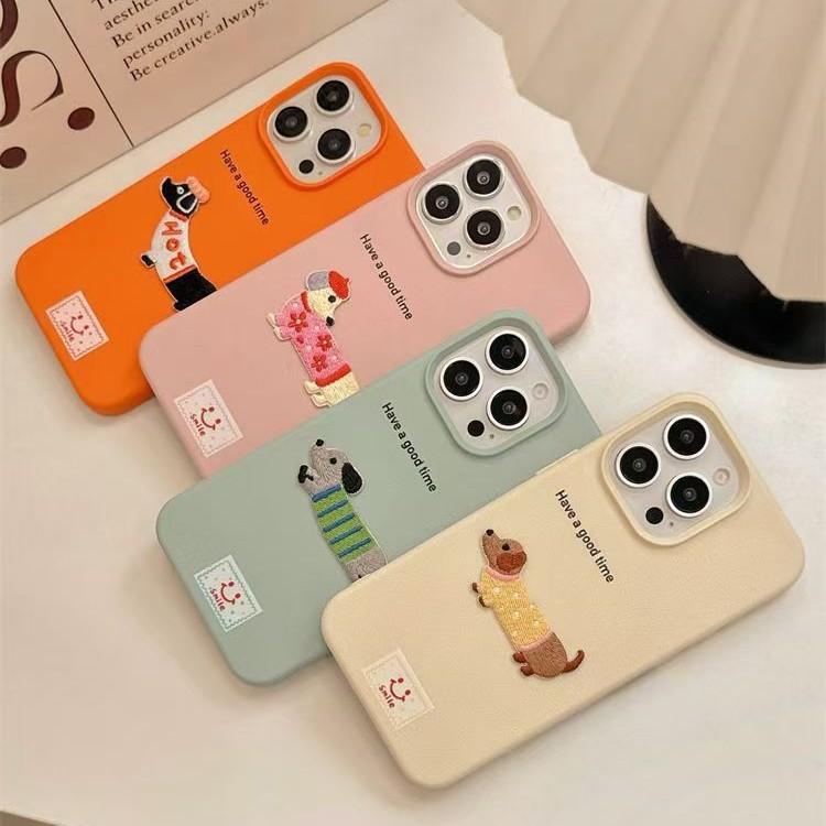 Leather Cartoon Embroidered Dachshund iPhone 15 Pro Max Apple 14 Phone Case 11 New 12 Soft 13 Pro