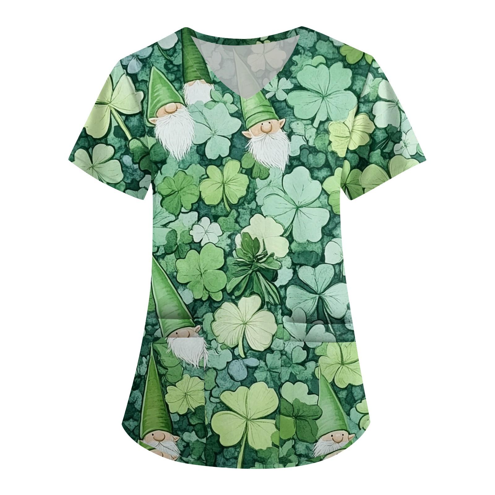 

Женская модная рабочая рубашка с V-образным вырезом, короткими рукавами и карманом St.. Топ с принтом ко Дню Святого Патрика L