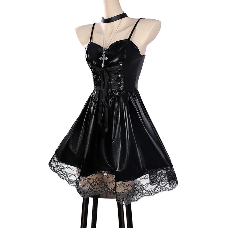MisaMisa Cosplay Death Cosplay Kostüm Misa Amane Perücke Damen Lederkleid Spitze Ärmel Socken Halskette Choker Set Outfits
