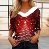 Dámské tričko s vánočním potiskem, tříčtvrteční rukáv, na párty, vánoční, flísový límec, výstřih do V, top