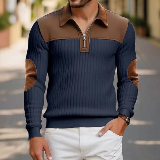 Herr Quarter Zip Tröja Långärmad Nedvikbar Krage Pullover Färgblock Jacquard Sweatshirt med Armbågslappar för Street Daglig Användning
