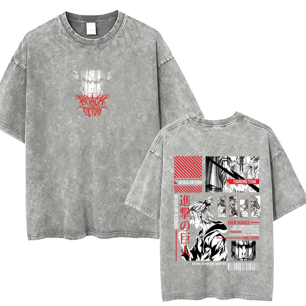 Washed Vintage Anime Attack on Titan Tshirts Eren Jaeger Graphic Tshirt Men Women Manga Retro Oversized Short Sleeve T Shirts