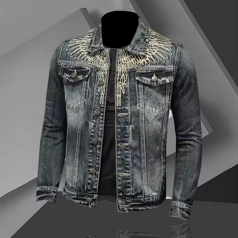 Denim jacket men's spring and autumn American vintage distressed trend slim biker jacket cargo casual top for men