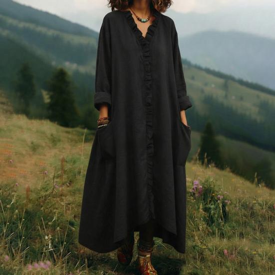 Women's Ruffle Trim V Neck Dress Summer Casual Loose Long Sleeve Maxi Dress Flowy Boho Beach Sundress with Pockets