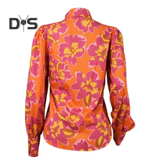 Damska koszula z klapami, bufiastymi rękawami, topy z kwiatowym nadrukiem, jednorzędowa, luźna, cienka bluzka odzież robocza